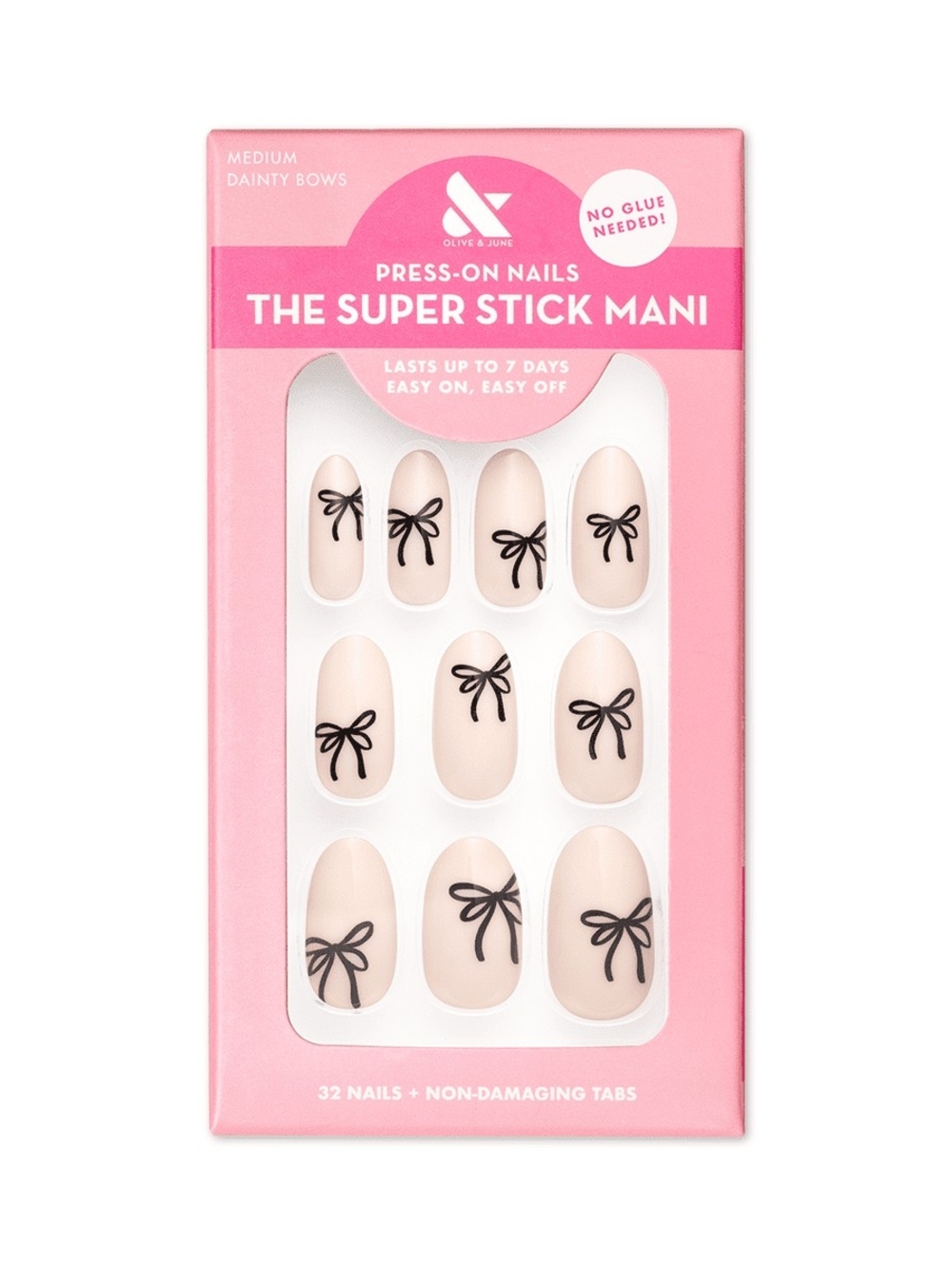 Nude Press-On Nails with Black Bow Accents — The Super Stick Mani